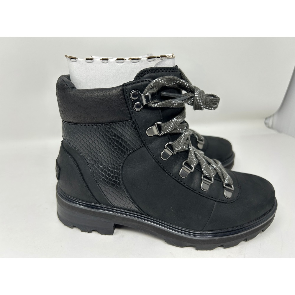 Sorel Lennox Hiker Boots Womens Black Waterproof Leather Snake Embossed Lace 7.5 - Picture 2 of 11